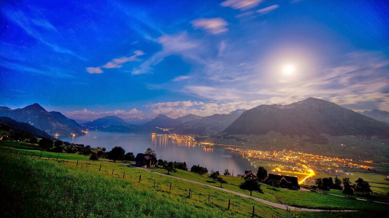 Mountain Lake at Night — Blue, Serene, Photograph, Moon, Town