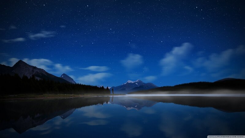 Mountain Lake at Night — Blue, Serene, Photograph, Mountains, Forest