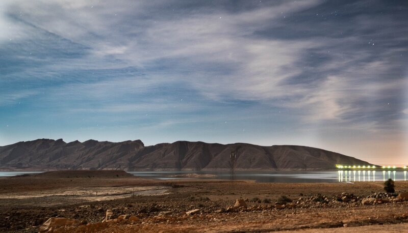 Mountain Lake at Night — Blue, Serene, Photograph, Mountains, Lights