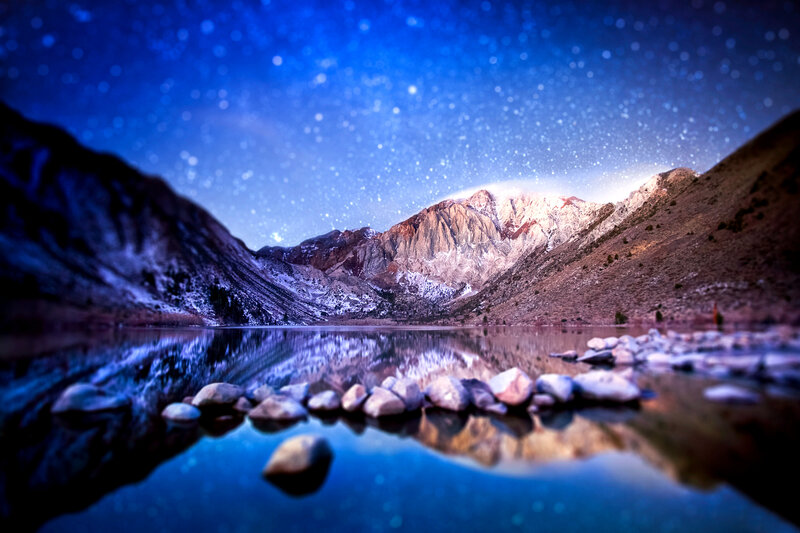 Mountain Lake at Night — Blue, Serene, Photograph, Mountains, Stars, Reflection