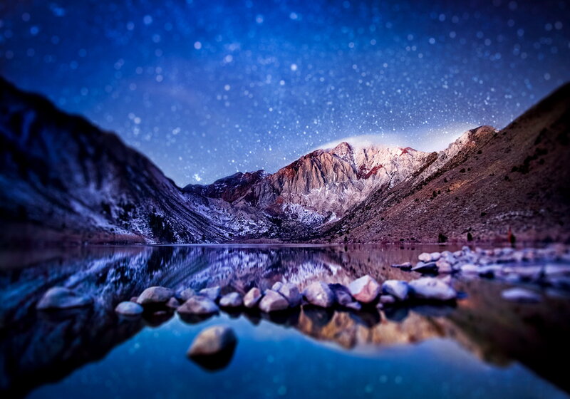 Mountain Lake at Night — Blue, Serene, Photograph, Mountains, Stars