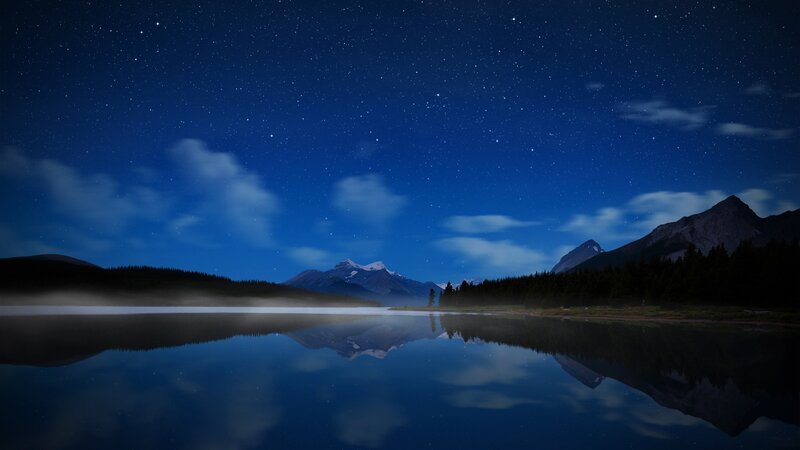 Mountain Lake at Night — Blue, Serene, Photograph, Stars, Clouds