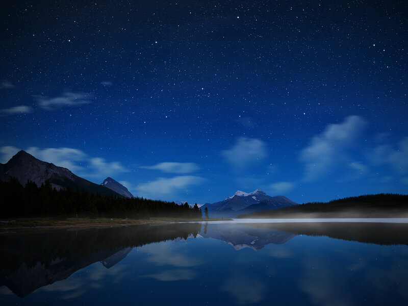 Mountain Lake at Night — Blue, Serene, Photograph, Stars, Clouds, Trees, Black