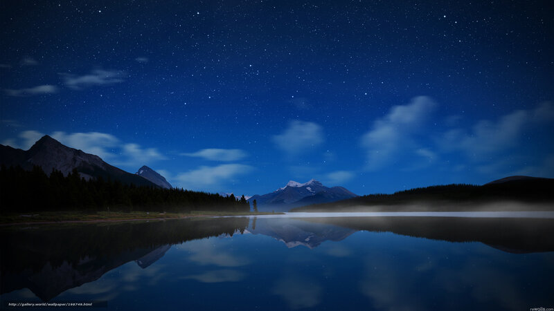 Mountain Lake at Night — Blue, Serene, Photograph, Stars, Clouds, Trees