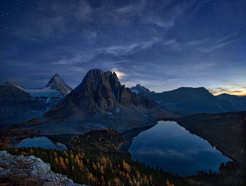 Mountain Lake at Night — Blue, Serene, Photograph, Stars, Forest, Clouds