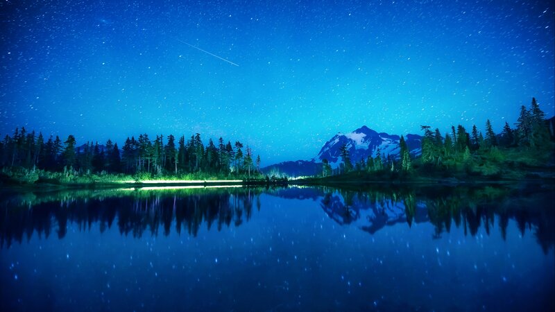 Mountain Lake at Night — Blue, Serene, Photograph, Stars, Forest, Meteor