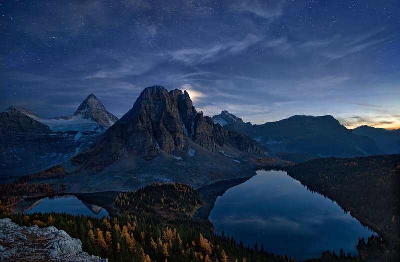 Mountain Lake at Night — Blue, Serene, Photograph, Stars, Forest, Snow