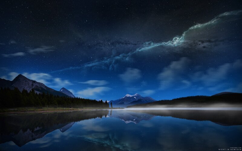 Mountain Lake at Night — Blue, Serene, Photograph, Stars, Mountains, Forest