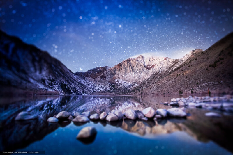 Mountain Lake at Night — Blue, Serene, Photograph, Stars, Mountains, Reflection
