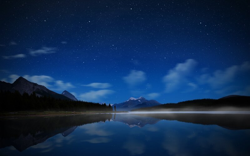 Mountain Lake at Night — Blue, Serene, Photograph, Stars, Mountains
