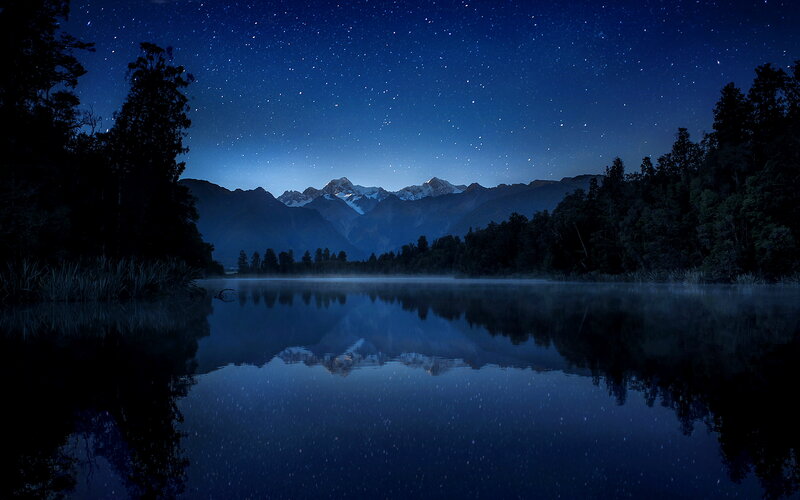 Mountain Lake at Night — Blue, Serene, Photograph, Stars