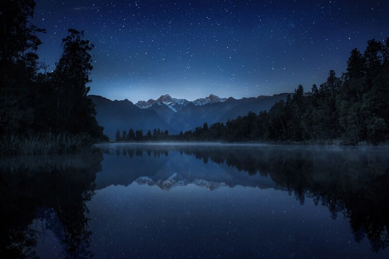 Mountain Lake at Night — Blue, Serene, Photograph, Stars, Trees, Reflection
