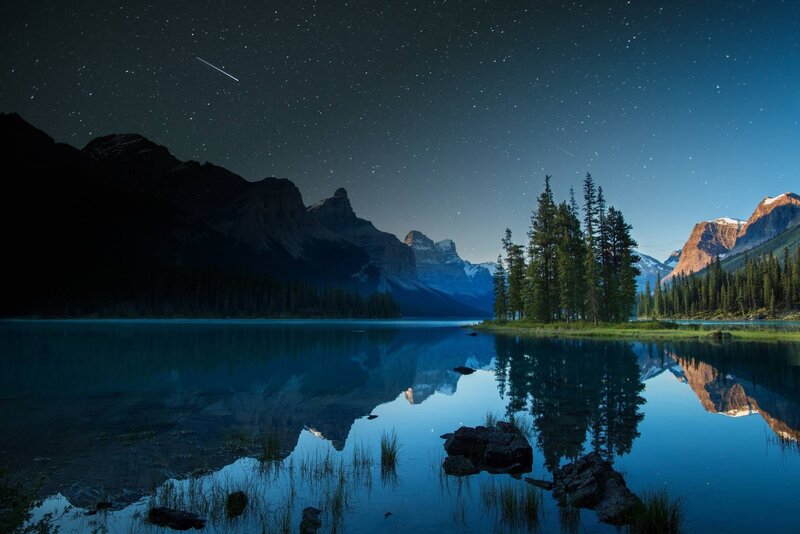 Mountain Lake at Night — Blue, Serene, Photograph, Stars, Trees