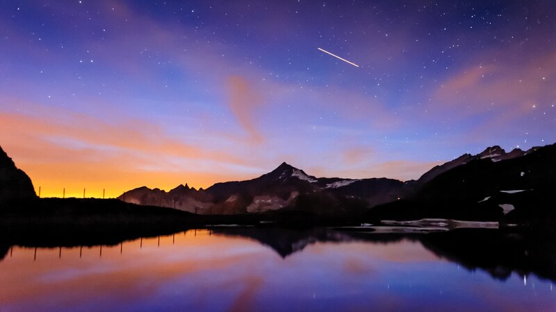 Mountain Lake at Night — Purple, Serene, Photograph, Stars, Meteor