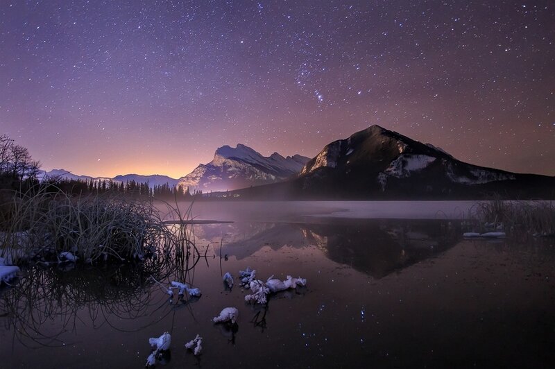 Mountain Lake at Night — Purple, Serene, Photograph, Stars