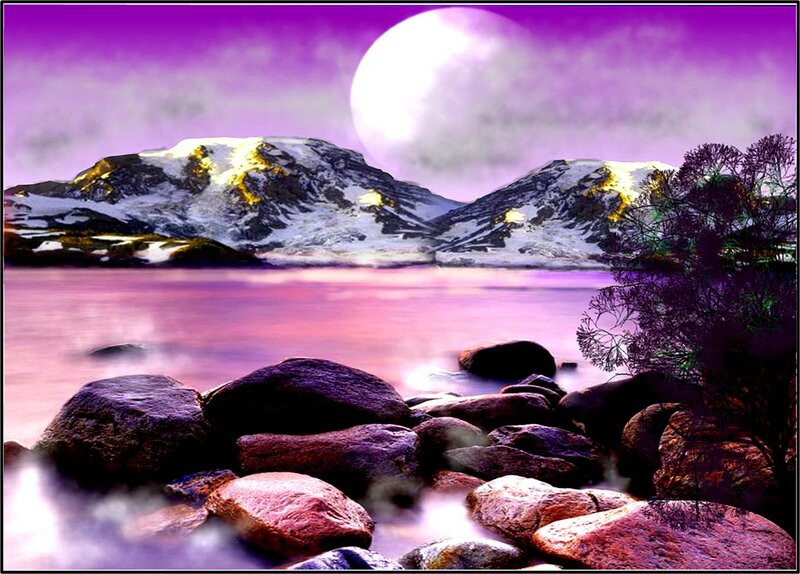Mountain Lake at Night — Purple, Serene