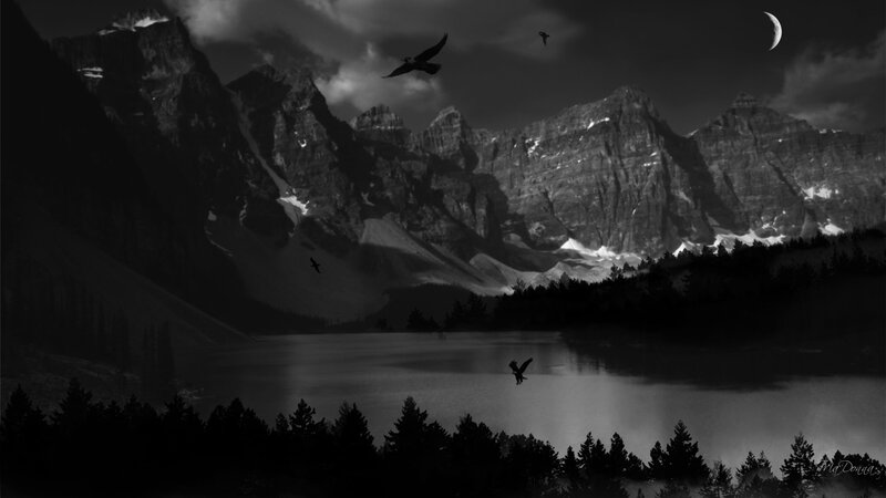 Mountain lake at night with birds