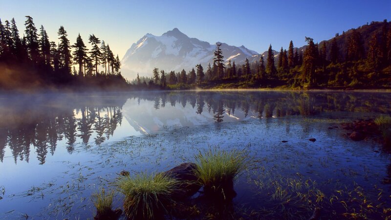 Mountain lake at sunrise