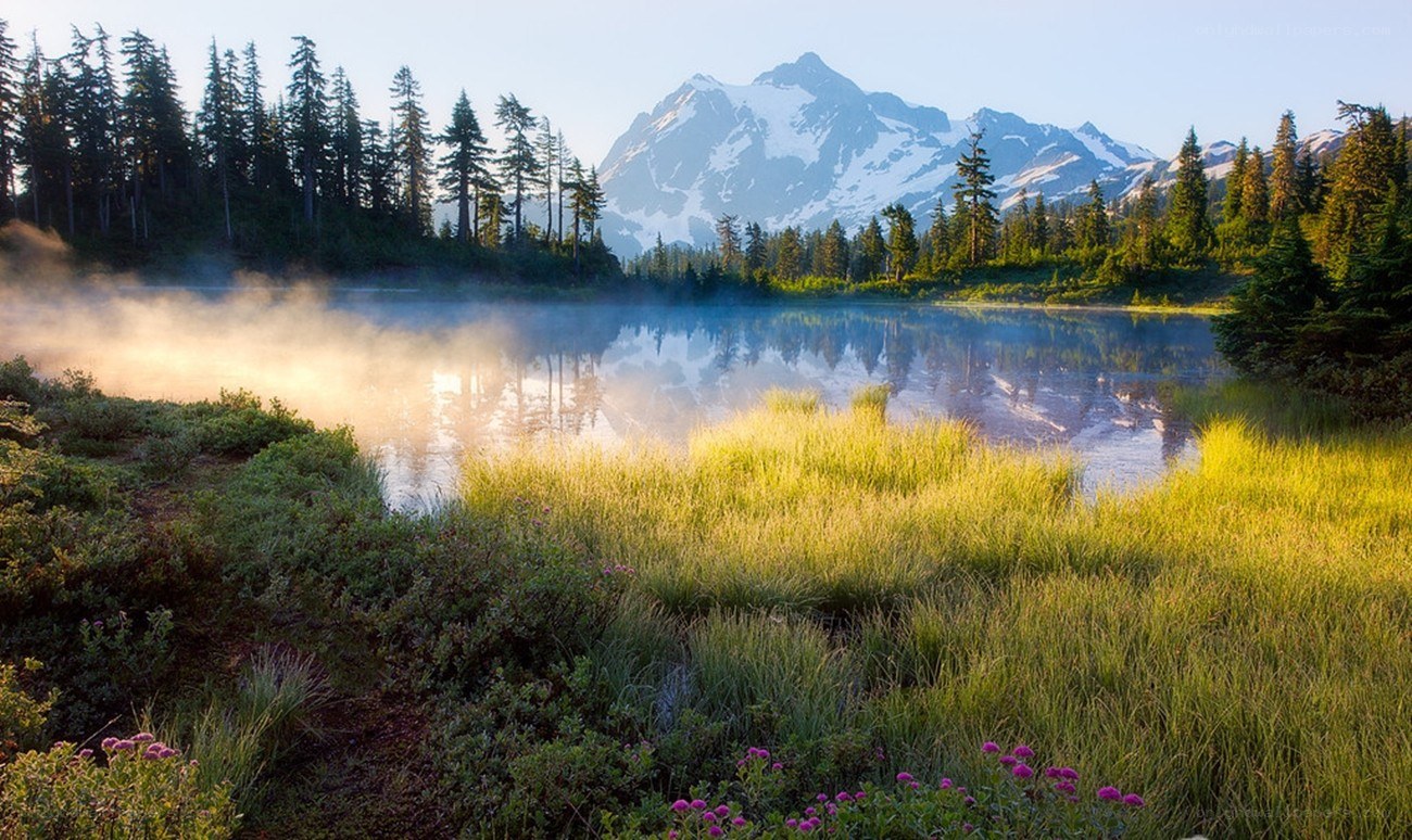 Mountain lake at sunrise