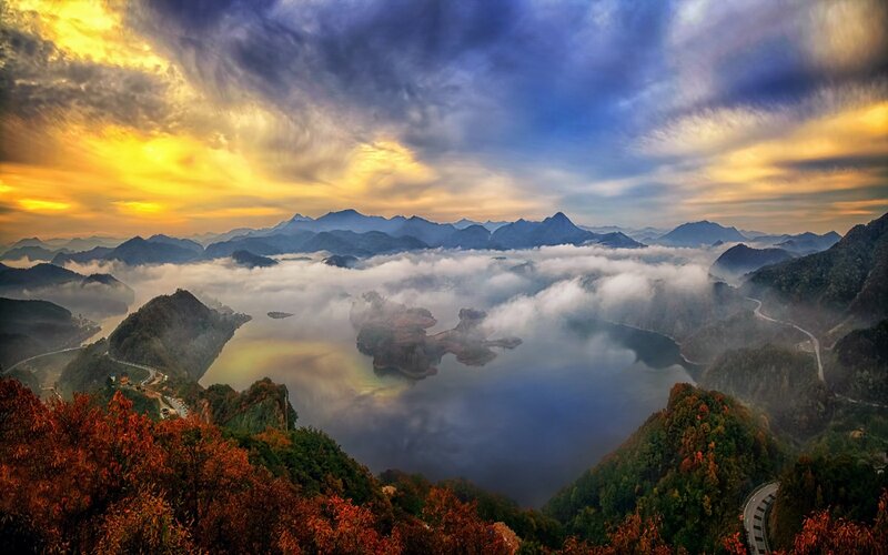 Mountain Lake at Sunrise — Blue, Dramatic, Photograph, Clouds