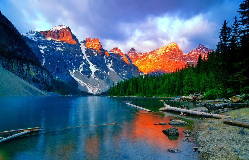 Mountain Lake at Sunrise — Blue, Dramatic, Photograph, Mountains, Forest