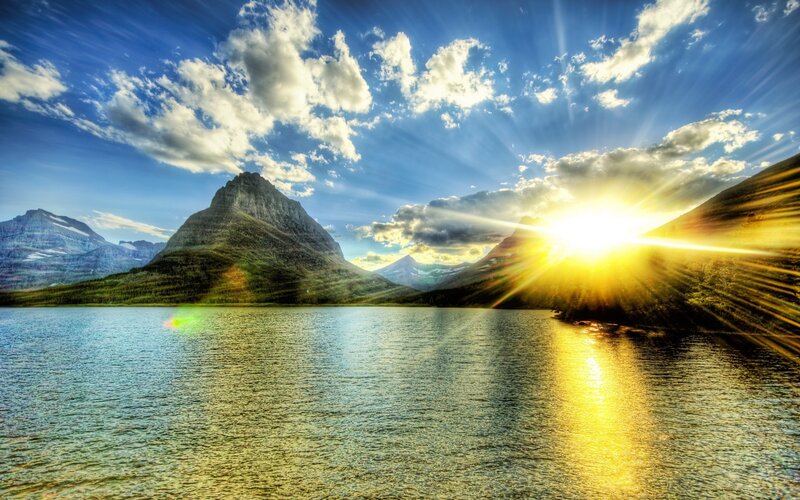 Mountain Lake at Sunrise — Blue, Dramatic, Photograph, Mountains, Sun