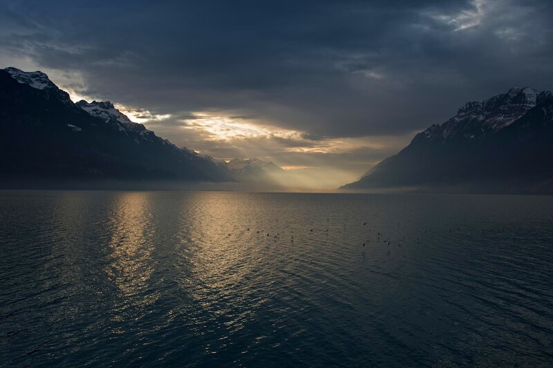 Mountain Lake at Sunrise — Blue, Dramatic, Photograph, Mountains, Sunlight
