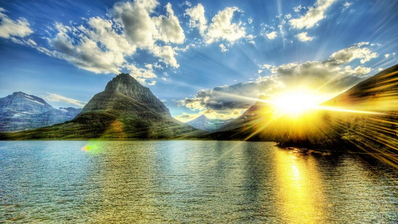 Mountain Lake at Sunrise — Blue, Dramatic, Photograph, Sun, Clouds, Mountains