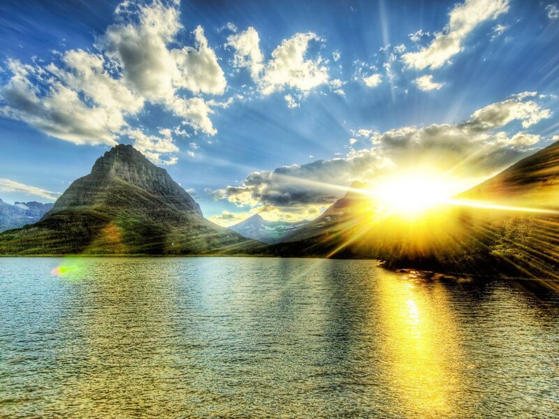 Mountain Lake at Sunrise — Blue, Dramatic, Photograph, Sun, Clouds