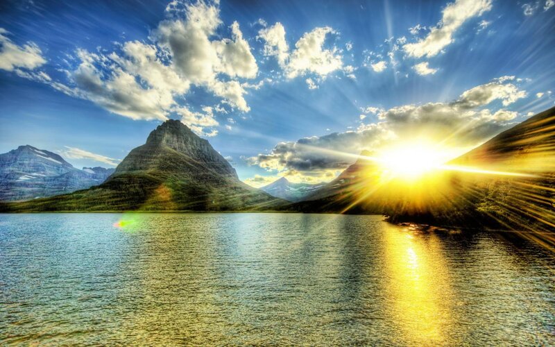 Mountain Lake at Sunrise — Blue, Dramatic, Photograph, Sun