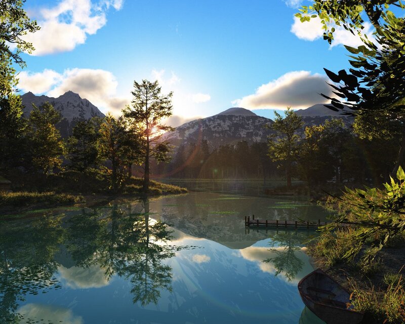 Mountain Lake at Sunrise — Blue, Serene, 3d Render