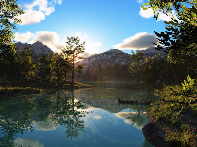 Mountain Lake at Sunrise — Blue, Serene, 3d Render, Trees, Mountains