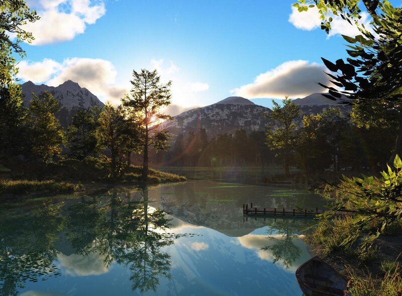 Mountain Lake at Sunrise — Blue, Serene, 3d Render, Trees