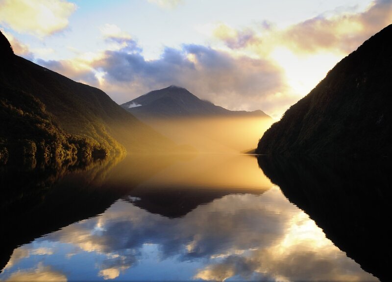 Mountain Lake at Sunrise — Blue, Serene, Photograph, Mountains, Clouds
