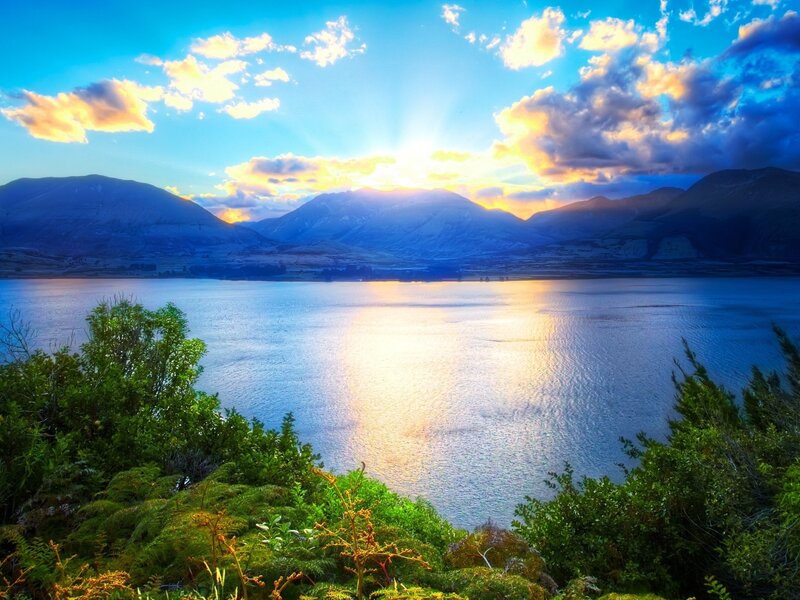 Mountain Lake at Sunrise — Blue, Serene, Photograph, Mountains, Clouds, Trees