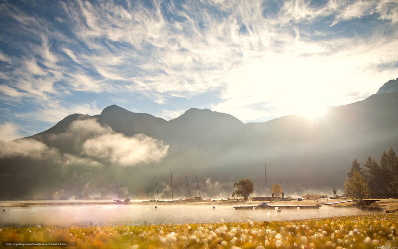 Mountain Lake at Sunrise — Blue, Serene, Photograph, Mountains, Fog, Trees