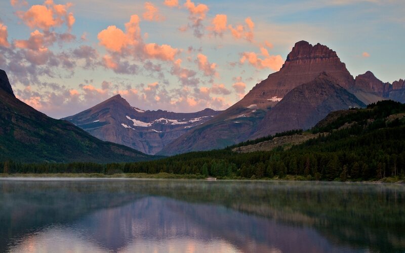 Mountain Lake at Sunrise — Blue, Serene, Photograph, Mountains, Forest, Clouds