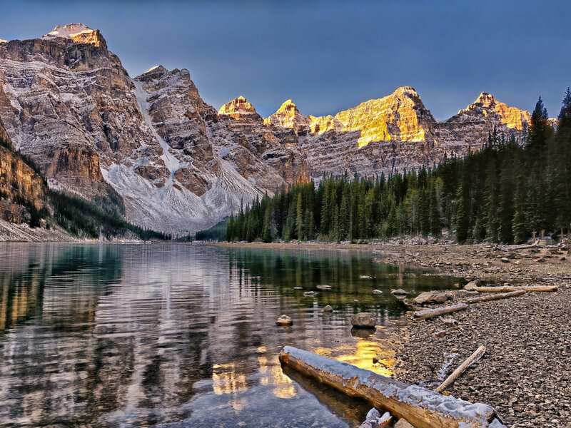 Mountain Lake at Sunrise — Blue, Serene, Photograph, Mountains, Forest, Log