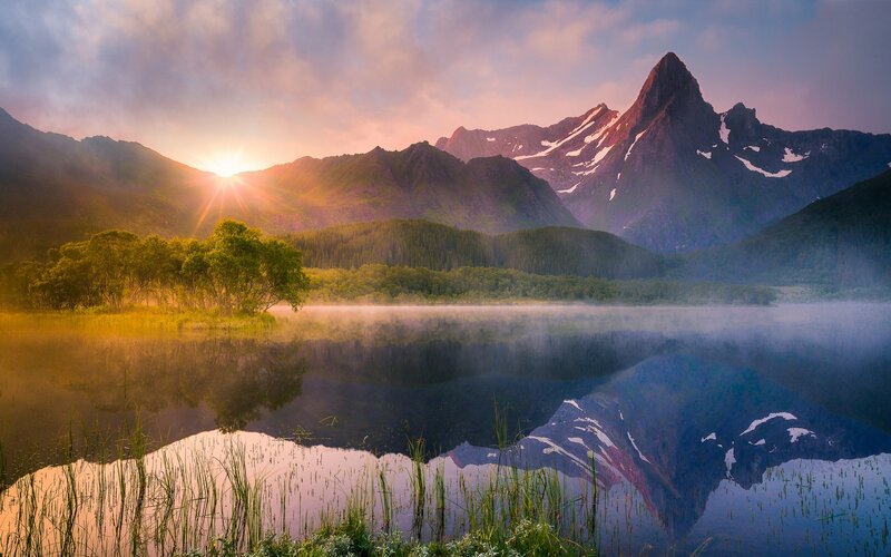 Mountain Lake at Sunrise — Blue, Serene, Photograph, Mountains, Forest, Mist
