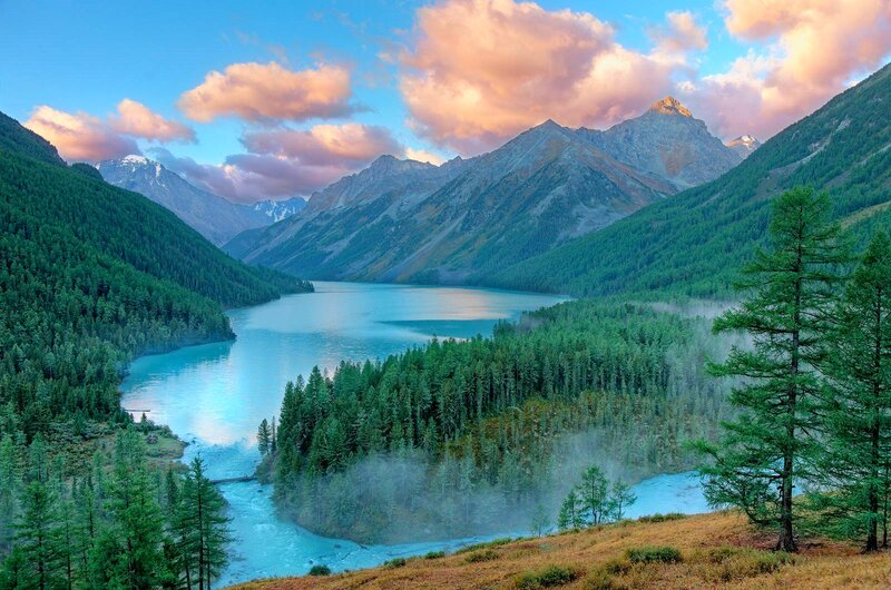 Mountain Lake at Sunrise — Blue, Serene, Photograph, Mountains, Forest, River