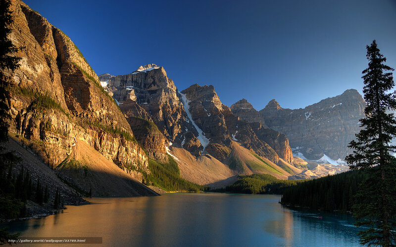 Mountain Lake at Sunrise — Blue, Serene, Photograph, Mountains, Forest