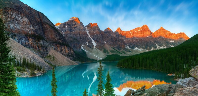 Mountain Lake at Sunrise — Blue, Serene, Photograph, Mountains, Forest, Trees