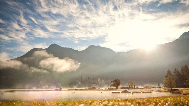 Mountain Lake at Sunrise — Blue, Serene, Photograph, Mountains, Mist