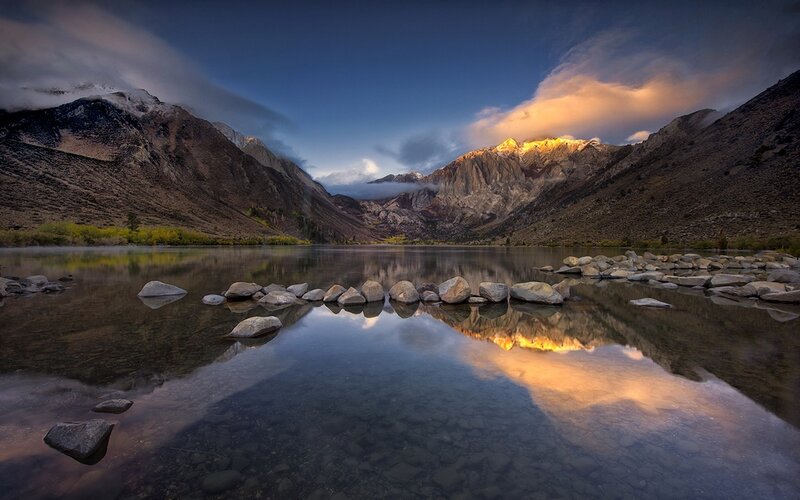 Mountain Lake at Sunrise — Blue, Serene, Photograph, Mountains, Rocks, Reflection
