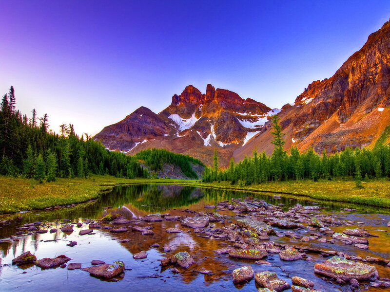 Mountain Lake at Sunrise — Blue, Serene, Photograph, Mountains, Trees, River