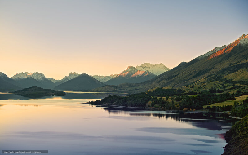 Mountain Lake at Sunrise — Blue, Serene, Photograph, Mountains, Trees, Sky