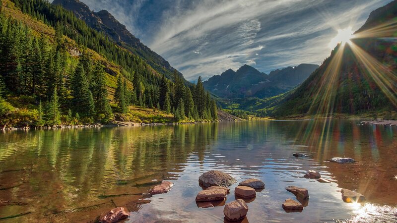 Mountain Lake at Sunrise — Blue, Serene, Photograph, Mountains, Trees, Sunlight
