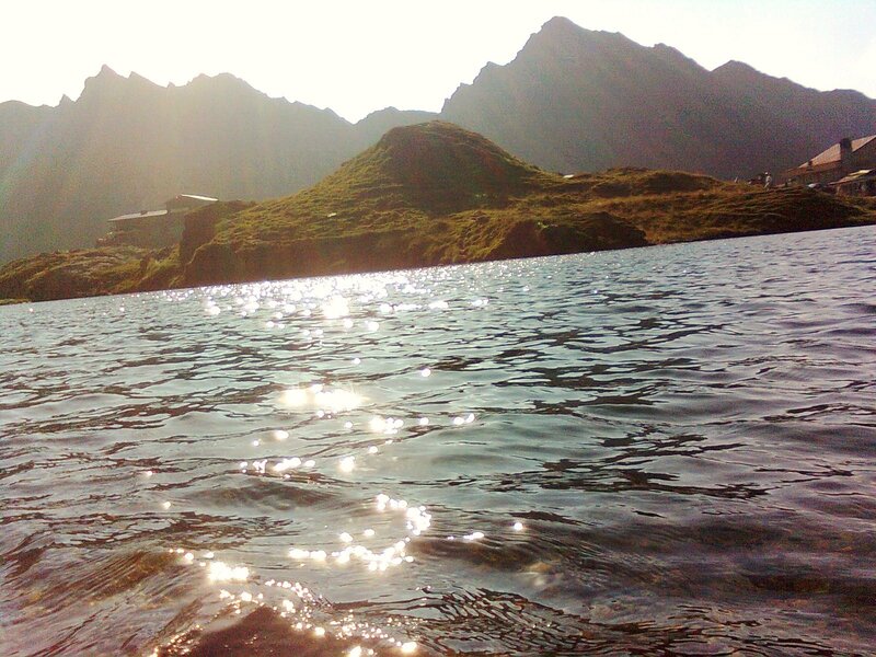 Mountain Lake at Sunrise — Blue, Serene, Photograph, Mountains, Water