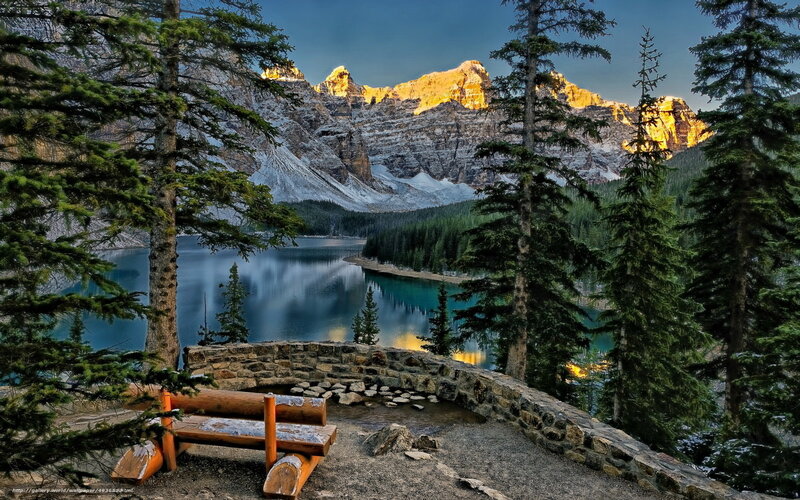 Mountain Lake at Sunrise — Blue, Serene, Photograph, Pine Trees, Stone Wall