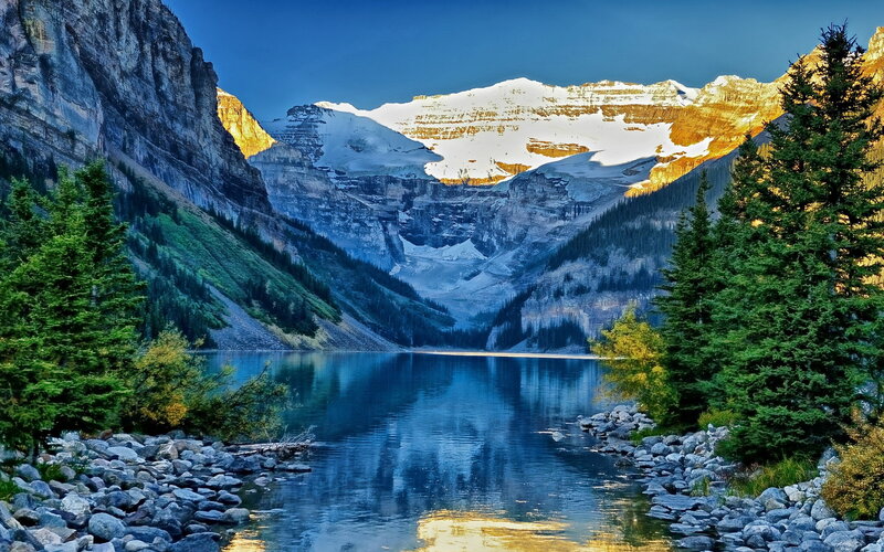 Mountain Lake at Sunrise — Blue, Serene, Photograph, Snow-capped Mountains